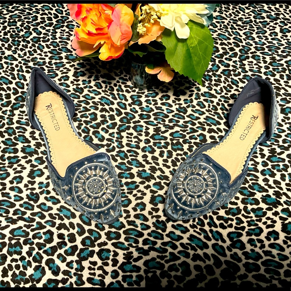 Restricted Blue Flats with Embellished Design